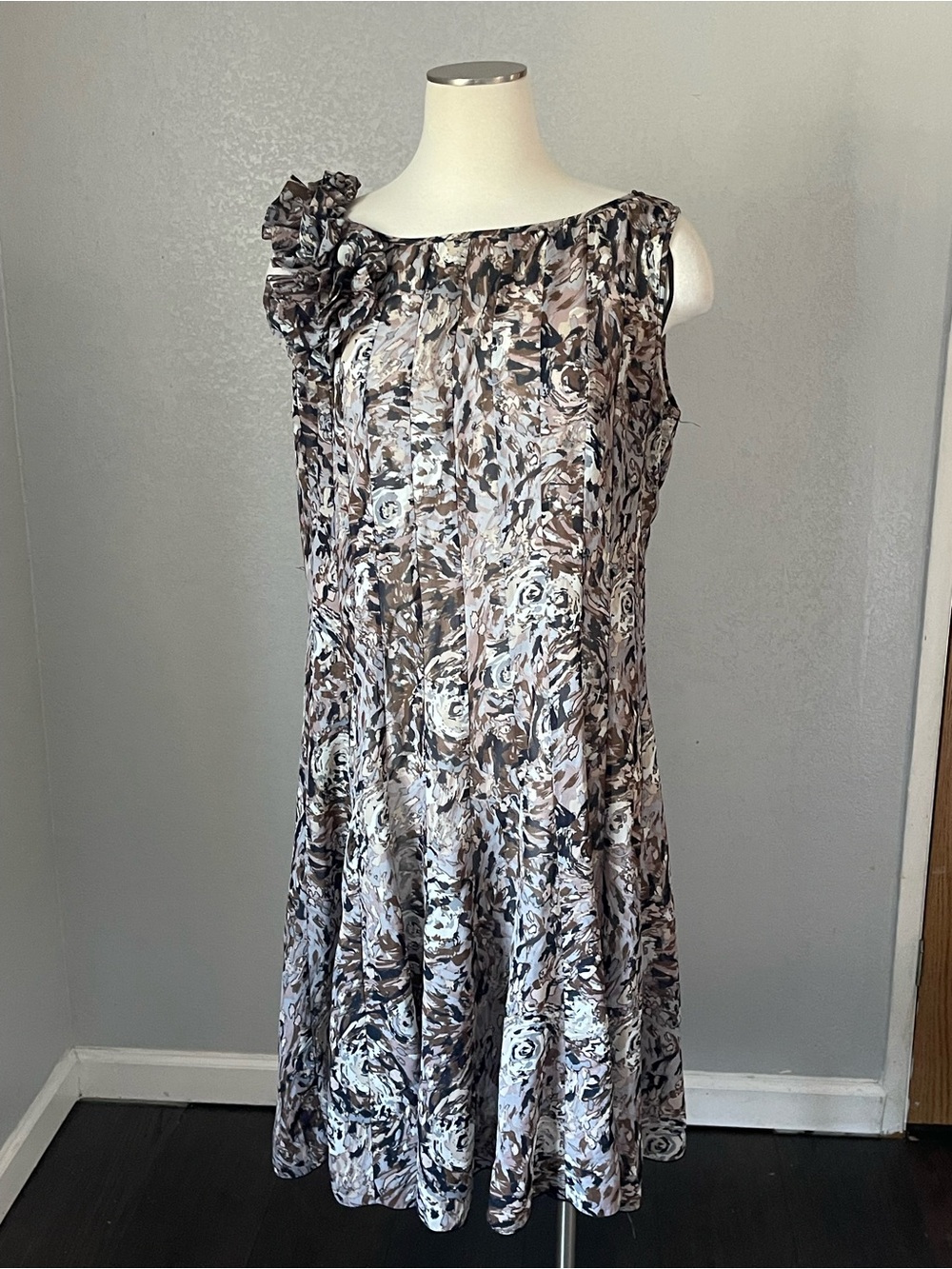 SL Fashions One-Shoulder Floral Ruffle Dress in Taupe and Gray